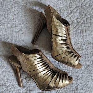 BCBGeneration Gold Metallic Leather Peep Toe Pumps